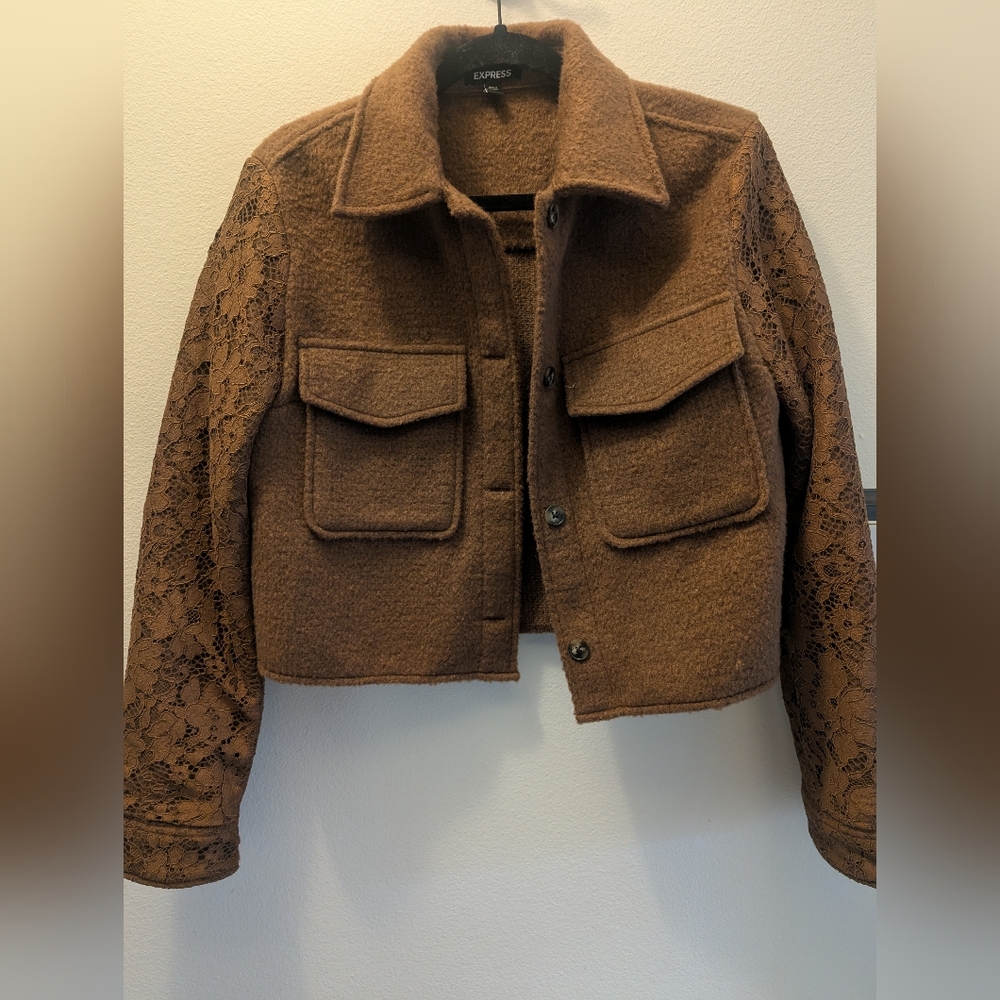 Express Tweed Lace Sleeve Cropped Shacket | Size Small | Brown